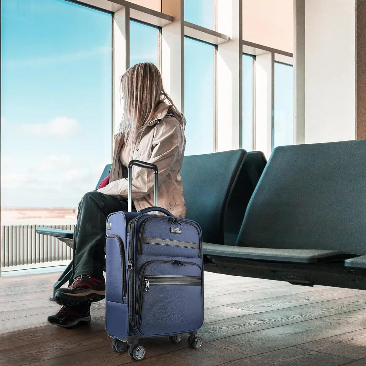 Softside Expandable Carry On Luggage with Front Business Pockets，20 Inch Suitcases with Spinner Wheels & Built-in TSA Lock, Durable Suitcase Rolling Luggage with USB Port, Haze Blue