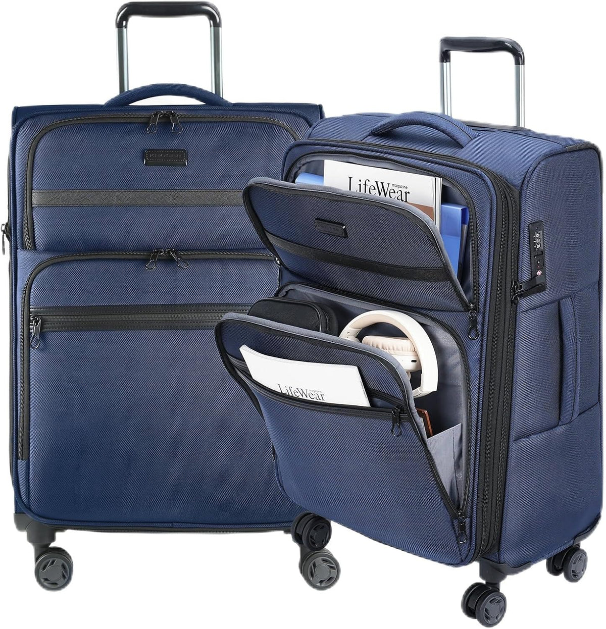 Softside Expandable Carry On Luggage with Front Business Pockets，20 Inch Suitcases with Spinner Wheels & Built-in TSA Lock, Durable Suitcase Rolling Luggage with USB Port, Haze Blue