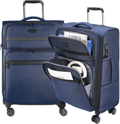 Softside Expandable Carry On Luggage with Front Business Pockets，20 Inch Suitcases with Spinner Wheels & Built-in TSA Lock, Durable Suitcase Rolling Luggage with USB Port, Haze Blue