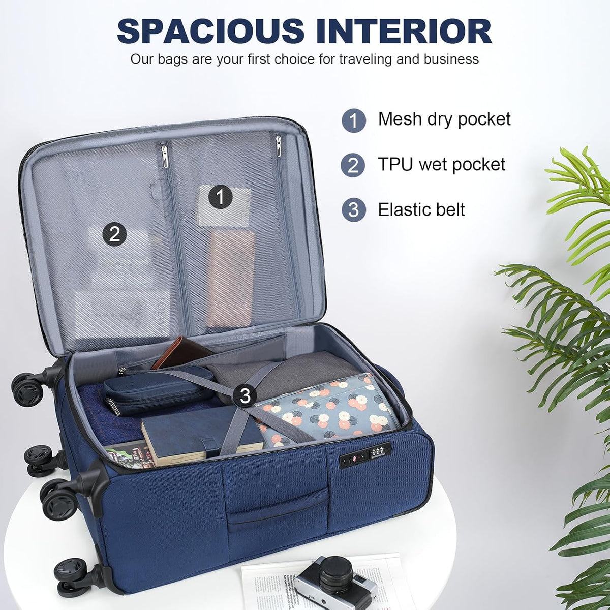 Softside Expandable Carry On Luggage with Front Business Pockets，20 Inch Suitcases with Spinner Wheels & Built-in TSA Lock, Durable Suitcase Rolling Luggage with USB Port, Haze Blue