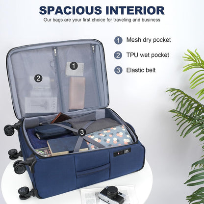 Softside Expandable Carry On Luggage with Front Business Pockets，20 Inch Suitcases with Spinner Wheels & Built-in TSA Lock, Durable Suitcase Rolling Luggage with USB Port, Haze Blue