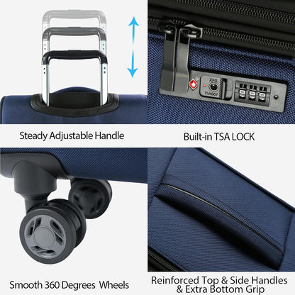 Softside Expandable Carry On Luggage with Front Business Pockets，20 Inch Suitcases with Spinner Wheels & Built-in TSA Lock, Durable Suitcase Rolling Luggage with USB Port, Haze Blue