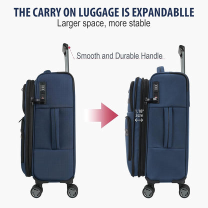 Softside Expandable Carry On Luggage with Front Business Pockets，20 Inch Suitcases with Spinner Wheels & Built-in TSA Lock, Durable Suitcase Rolling Luggage with USB Port, Haze Blue