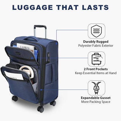 Softside Expandable Carry On Luggage with Front Business Pockets，20 Inch Suitcases with Spinner Wheels & Built-in TSA Lock, Durable Suitcase Rolling Luggage with USB Port, Haze Blue