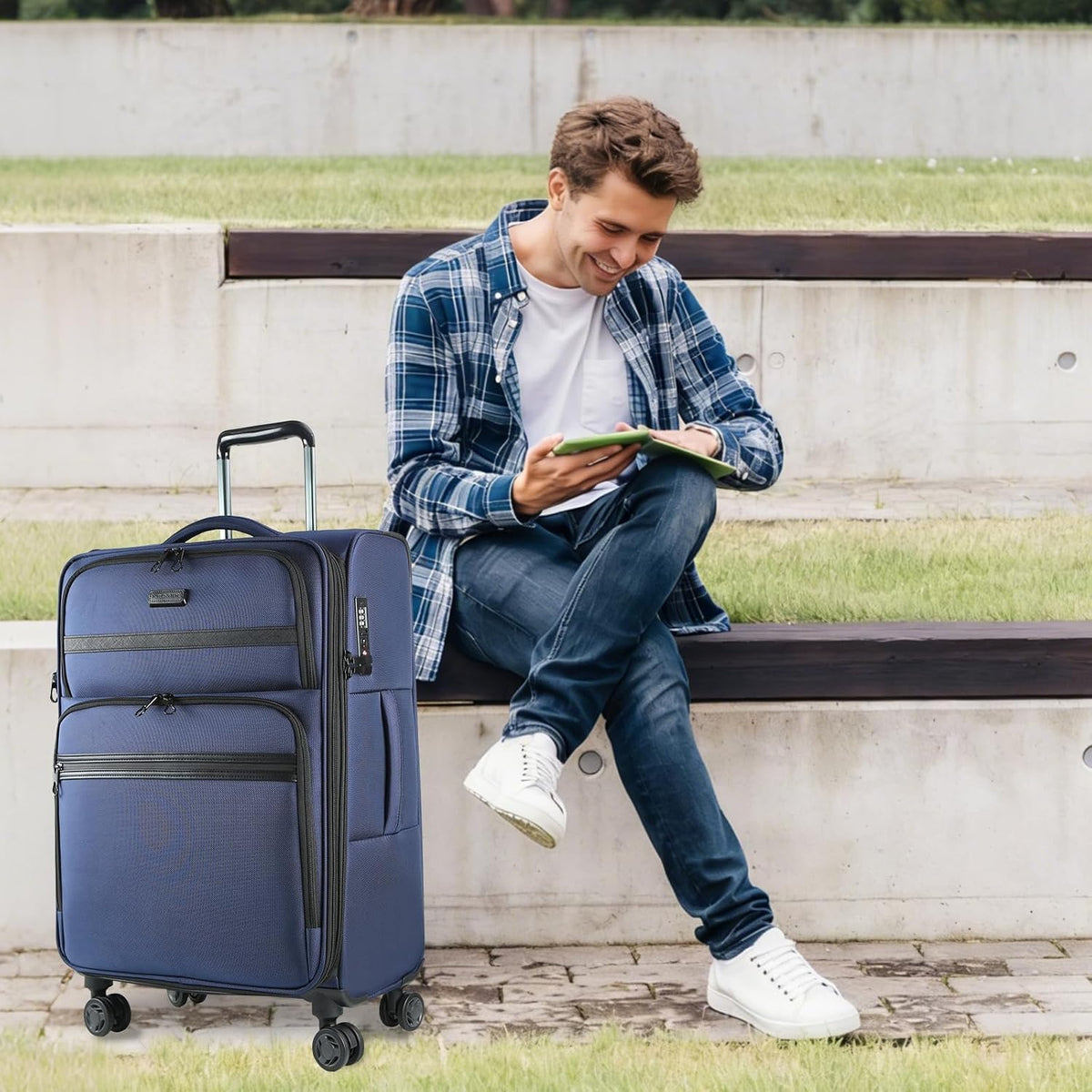 Softside Expandable Carry On Luggage with Front Business Pockets，20 Inch Suitcases with Spinner Wheels & Built-in TSA Lock, Durable Suitcase Rolling Luggage with USB Port, Haze Blue