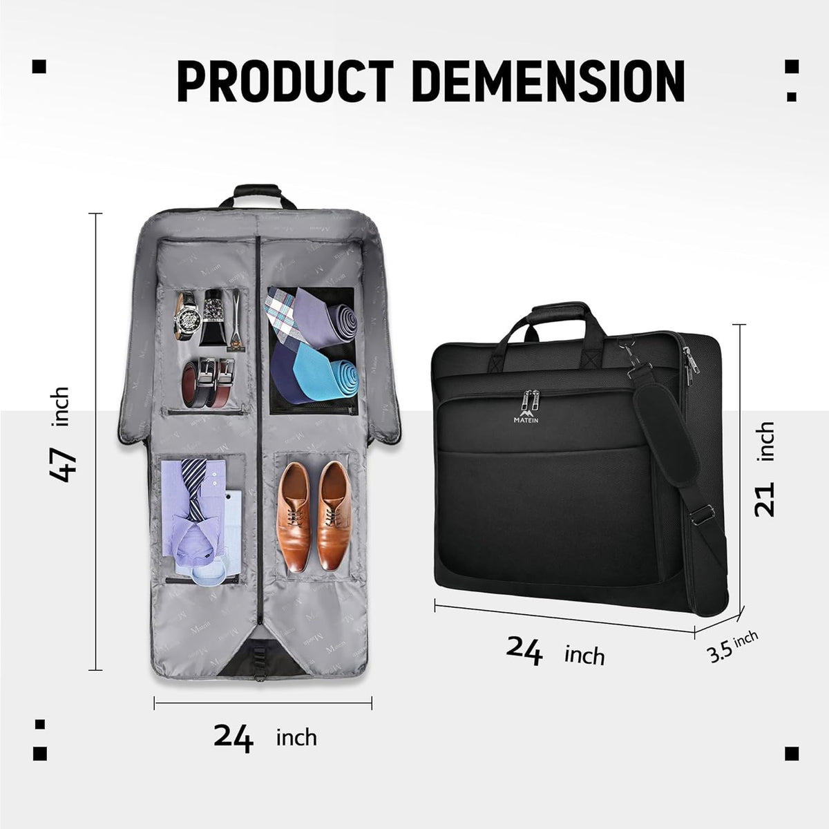 Garment Bags for Travel, Large Carry on Garment Bag for Business | Waterproof, Hanging Suit Luggage Bag, For Men Women, Wrinkle Free Suitcase, Cover For Shirts Dresses Coats, Strap, Black