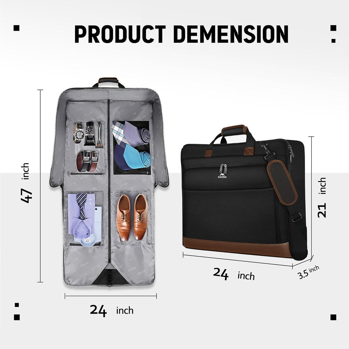Garment Bags for Travel, Large Carry on Garment Bag for Business | Waterproof, Hanging Suit Luggage Bag, For Men Women, Wrinkle Free Suitcase, Cover For Shirts Dresses Coats, Strap, Black