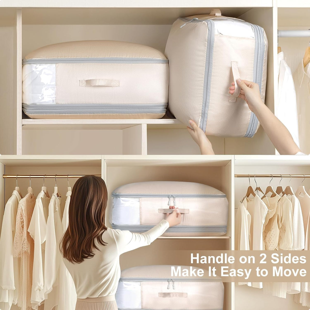Clothes Storage Bag, 19L Compression Storage Bags for Sweater, Closet, Sheet Storage Organizer with Window Handle, Compression Packing Cubes Space Saver Storage Bags with Zipper
