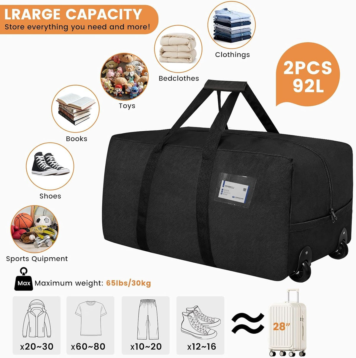 2 Pack Heavy Duty Moving Bags with Wheels, 29" Foldable Rolling Duffle Bag, 900D Oxford | Shoulder Strap | Waterproof Packing Bags, Duffel Bag, Dorm Moving Bags for Moving/Traveling/Camping