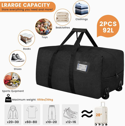 2 Pack Heavy Duty Moving Bags with Wheels, 29" Foldable Rolling Duffle Bag, 900D Oxford | Shoulder Strap | Waterproof Packing Bags, Duffel Bag, Dorm Moving Bags for Moving/Traveling/Camping