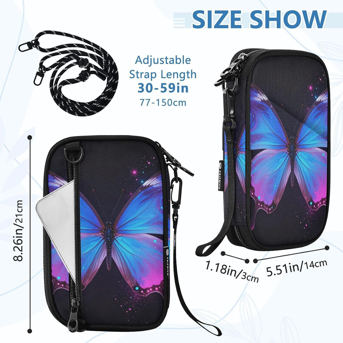 Travel Document Organizer 8.26×5.51×1.18 In | Scratch Resistant Polyester Sturdy Shape Multi-Way Carry for Men Women Daily Use Galaxy Butterfly