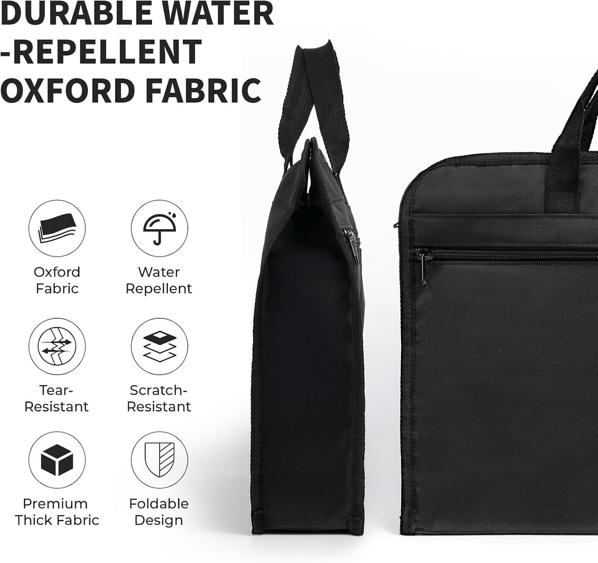 12x15 in Large Zipper Pouch with Handle, A4 Foldable Lightweight Waterproof Oxford Document Storage Bag, File Organizer for Office Travel Books Papers Filing Folder – 1 Pack (Black)