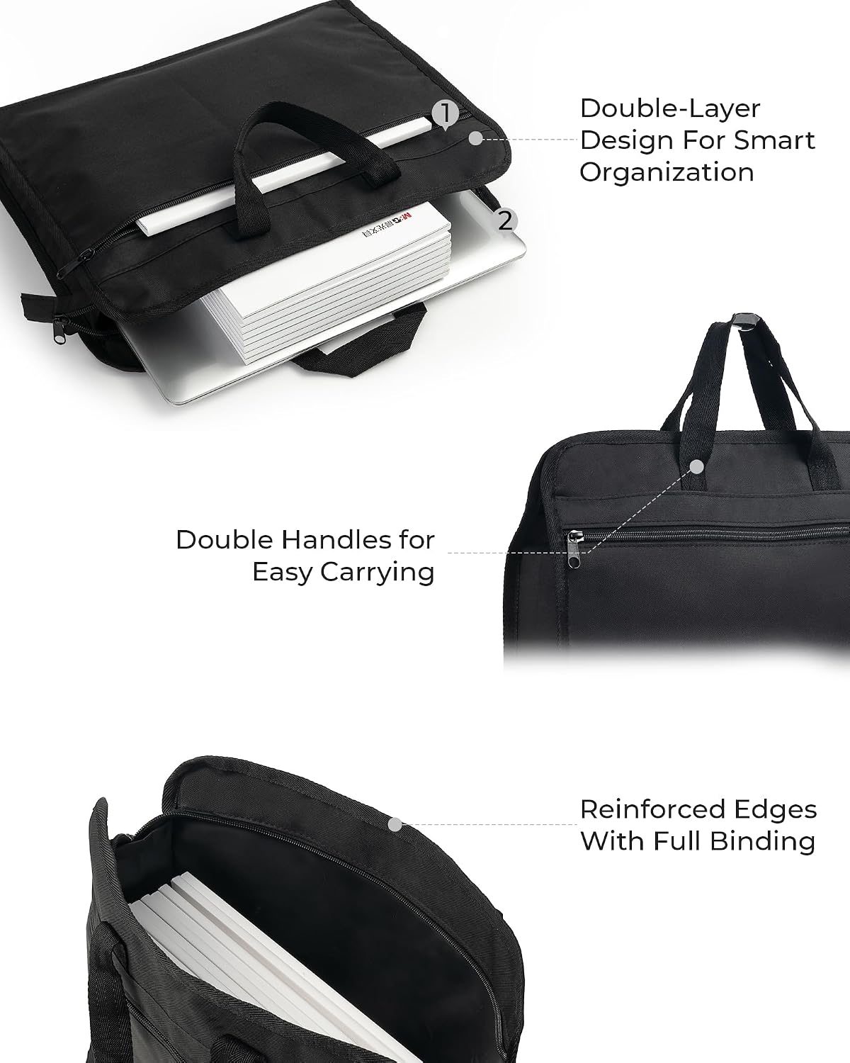 12x15 in Large Zipper Pouch with Handle, A4 Foldable Lightweight Waterproof Oxford Document Storage Bag, File Organizer for Office Travel Books Papers Filing Folder – 1 Pack (Black)