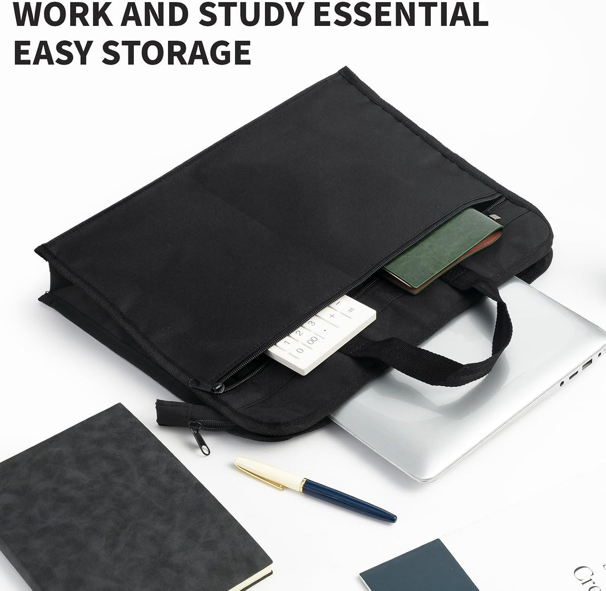 12x15 in Large Zipper Pouch with Handle, A4 Foldable Lightweight Waterproof Oxford Document Storage Bag, File Organizer for Office Travel Books Papers Filing Folder – 1 Pack (Black)