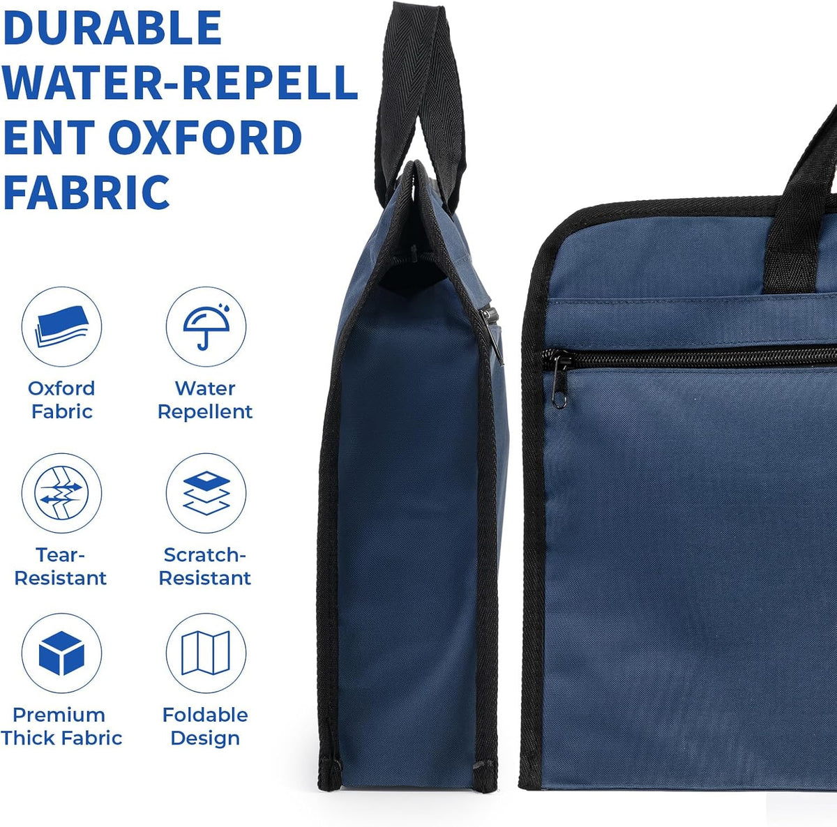 12x15 in Large Zipper Pouch with Handle, A4 Foldable Lightweight Waterproof Oxford Document Storage Bag, File Organizer for Office Travel Books Papers Filing Folder – 1 Pack (Black)