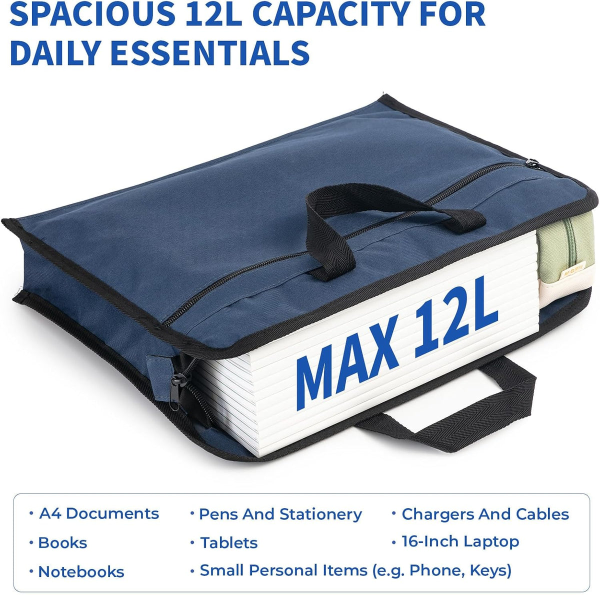 12x15 in Large Zipper Pouch with Handle, A4 Foldable Lightweight Waterproof Oxford Document Storage Bag, File Organizer for Office Travel Books Papers Filing Folder – 1 Pack (Black)