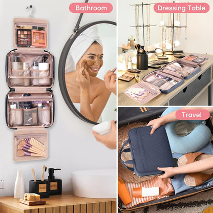 Travel Size Toiletry Bag for Women, Portable Cosmetic Bag with Hanging Hook, Travel Essentials Water-resistant Makeup Organizer for Accessories, Shampoo, Full-size Container, Toiletries