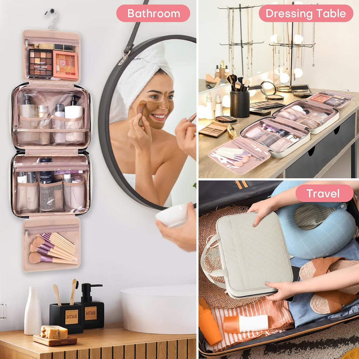 Travel Size Toiletry Bag for Women, Portable Cosmetic Bag with Hanging Hook, Travel Essentials Water-resistant Makeup Organizer for Accessories, Shampoo, Full-size Container, Toiletries