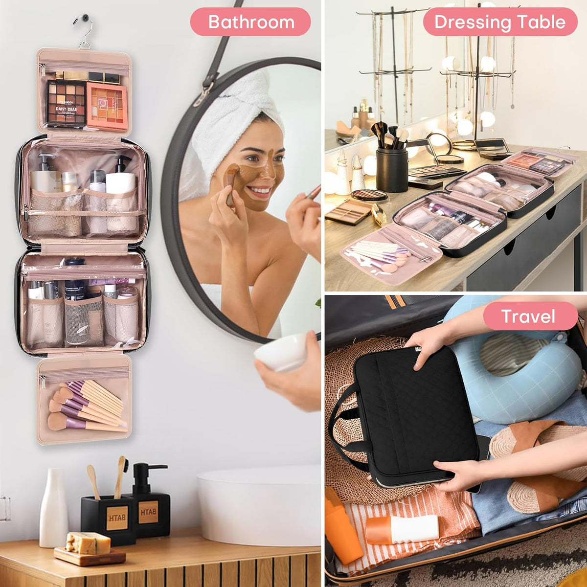 Travel Size Toiletry Bag for Women, Portable Cosmetic Bag with Hanging Hook, Travel Essentials Water-resistant Makeup Organizer for Accessories, Shampoo, Full-size Container, Toiletries