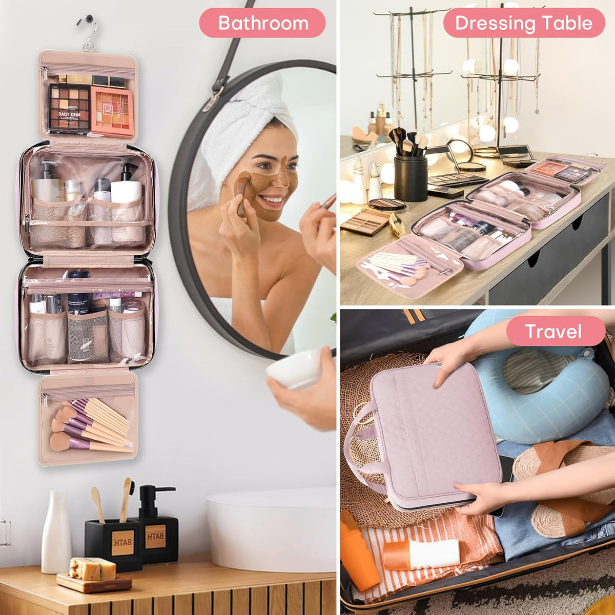 Travel Size Toiletry Bag for Women, Portable Cosmetic Bag with Hanging Hook, Travel Essentials Water-resistant Makeup Organizer for Accessories, Shampoo, Full-size Container, Toiletries