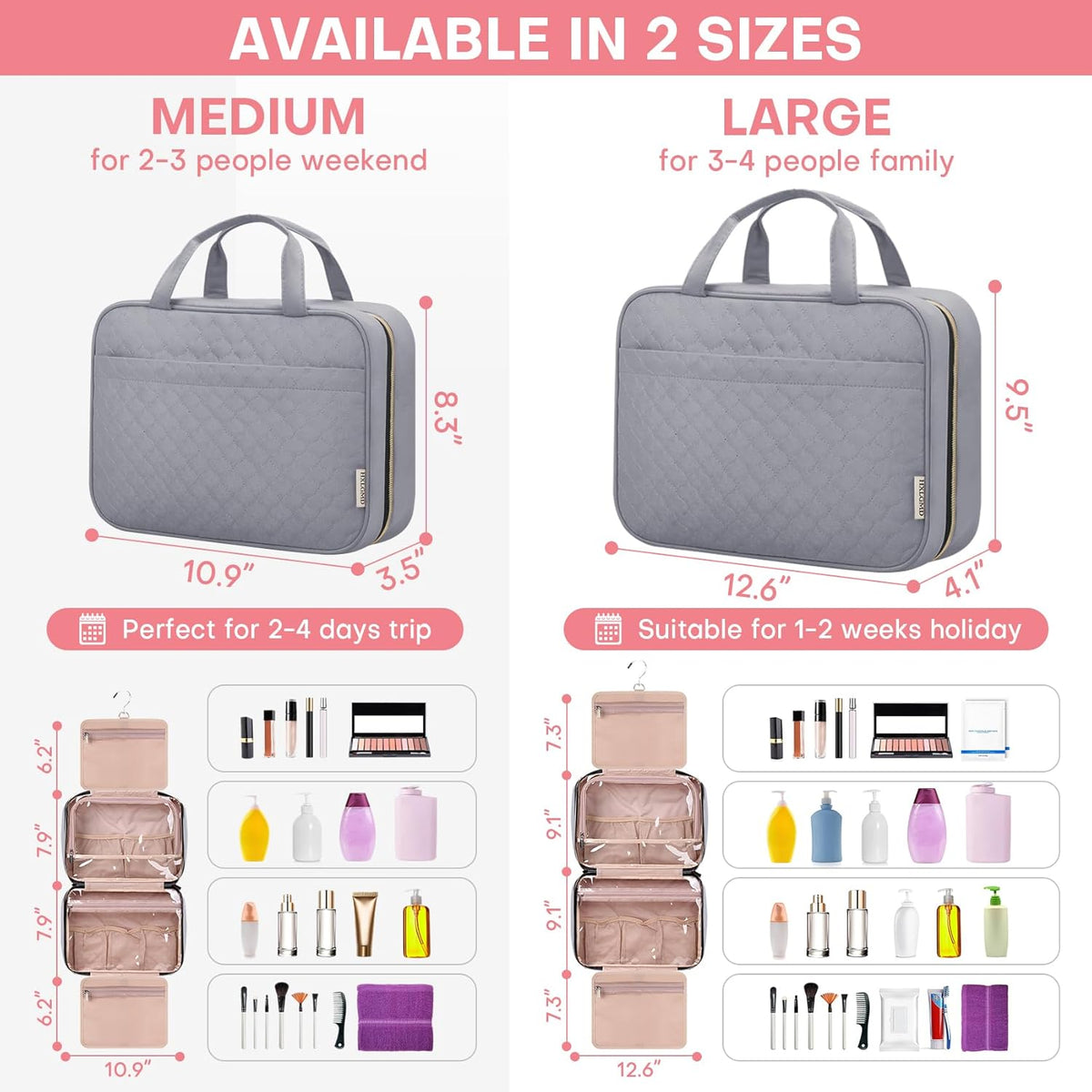 Travel Size Toiletry Bag for Women, Portable Cosmetic Bag with Hanging Hook, Travel Essentials Water-resistant Makeup Organizer for Accessories, Shampoo, Full-size Container, Toiletries