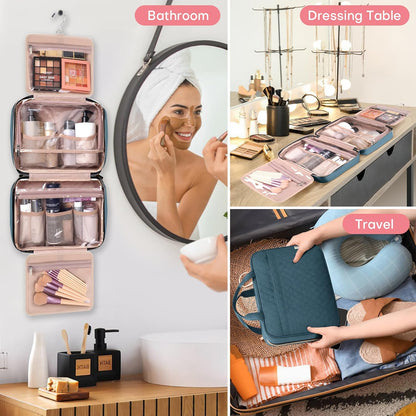 Travel Size Toiletry Bag for Women, Portable Cosmetic Bag with Hanging Hook, Travel Essentials Water-resistant Makeup Organizer for Accessories, Shampoo, Full-size Container, Toiletries