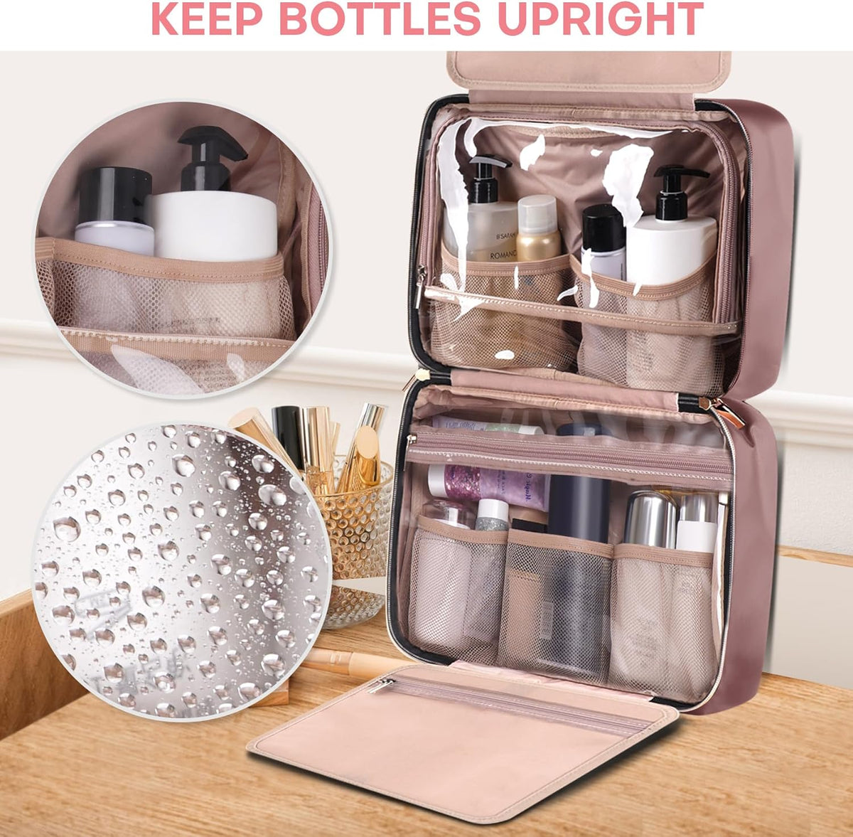 Travel Size Toiletry Bag for Women, Portable Cosmetic Bag with Hanging Hook, Travel Essentials Water-resistant Makeup Organizer for Accessories, Shampoo, Full-size Container, Toiletries