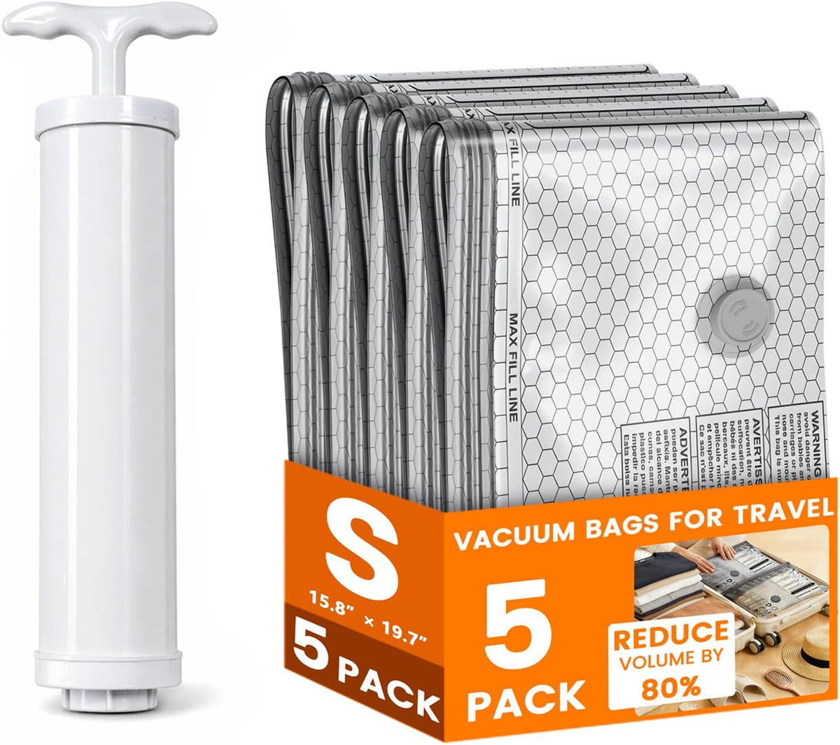 5 Pack Vacuum Bags for Travel with Hand Pump, Reusable Vacuum Storage Bags for Clothing, Travel & Home Organization for Closet, Luggage, Under Bed Storage