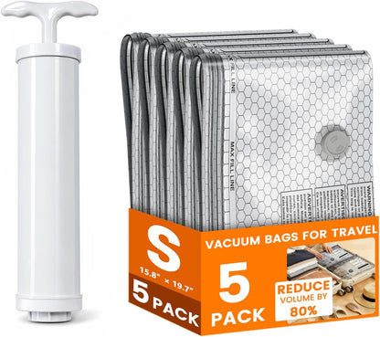 5 Pack Vacuum Bags for Travel with Hand Pump, Reusable Vacuum Storage Bags for Clothing, Travel & Home Organization for Closet, Luggage, Under Bed Storage