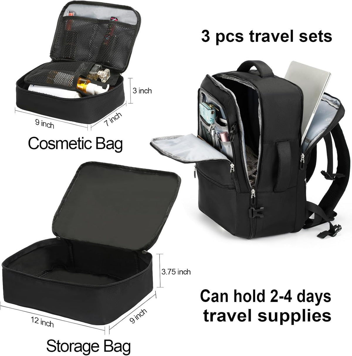 Travel Backpack for Women & Men,Airline Approved Carry On Luggage,TSA Overnight Bags,40L Personal Item Travel Bag fits 17" Laptop,Carry on Bag with Storage Bag Cosmetic Bag Set 3pcs (Black)
