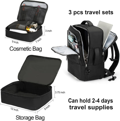 Travel Backpack for Women & Men,Airline Approved Carry On Luggage,TSA Overnight Bags,40L Personal Item Travel Bag fits 17" Laptop,Carry on Bag with Storage Bag Cosmetic Bag Set 3pcs (Black)