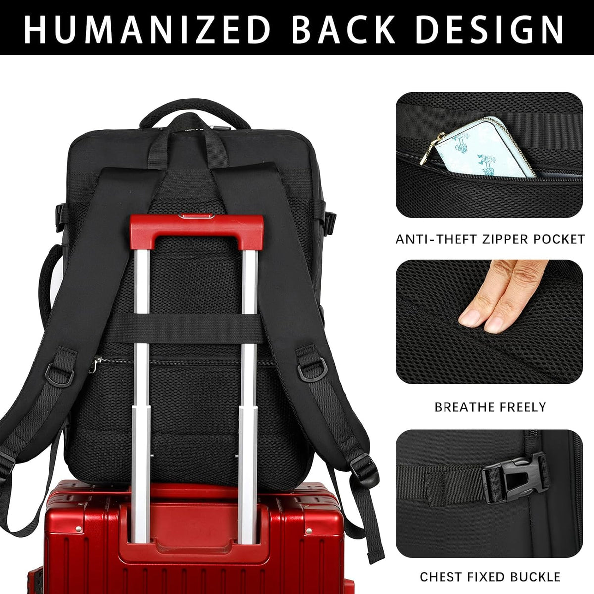 Travel Backpack for Women & Men,Airline Approved Carry On Luggage,TSA Overnight Bags,40L Personal Item Travel Bag fits 17" Laptop,Carry on Bag with Storage Bag Cosmetic Bag Set 3pcs (Black)