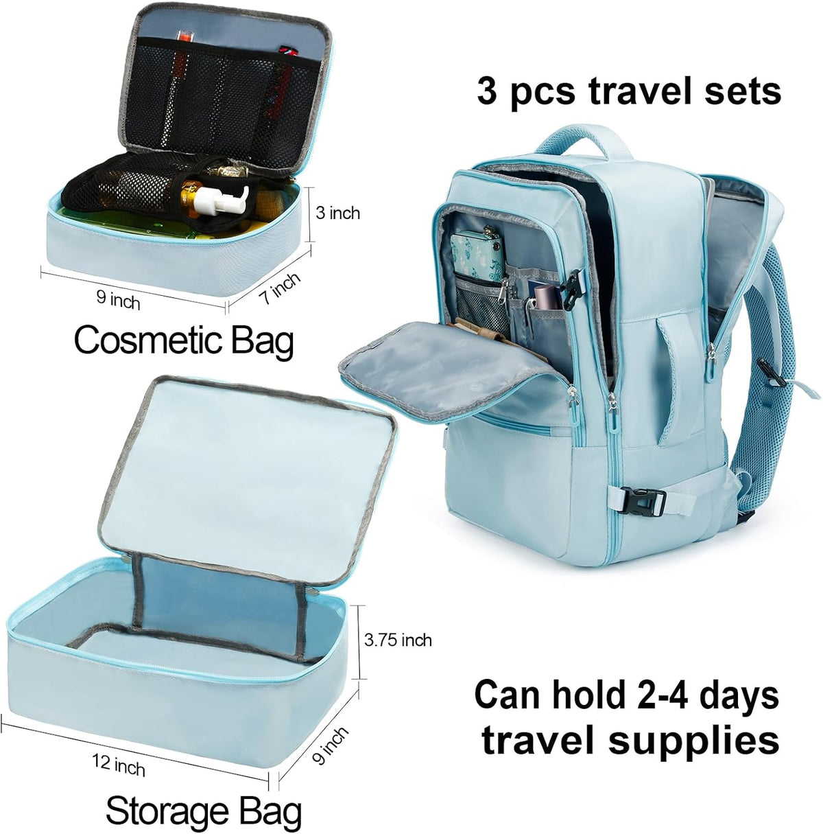 Travel Backpack for Women & Men,Airline Approved Carry On Luggage,TSA Overnight Bags,40L Personal Item Travel Bag fits 17" Laptop,Carry on Bag with Storage Bag Cosmetic Bag Set 3pcs (Black)