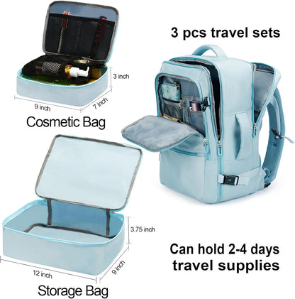 Travel Backpack for Women & Men,Airline Approved Carry On Luggage,TSA Overnight Bags,40L Personal Item Travel Bag fits 17" Laptop,Carry on Bag with Storage Bag Cosmetic Bag Set 3pcs (Black)