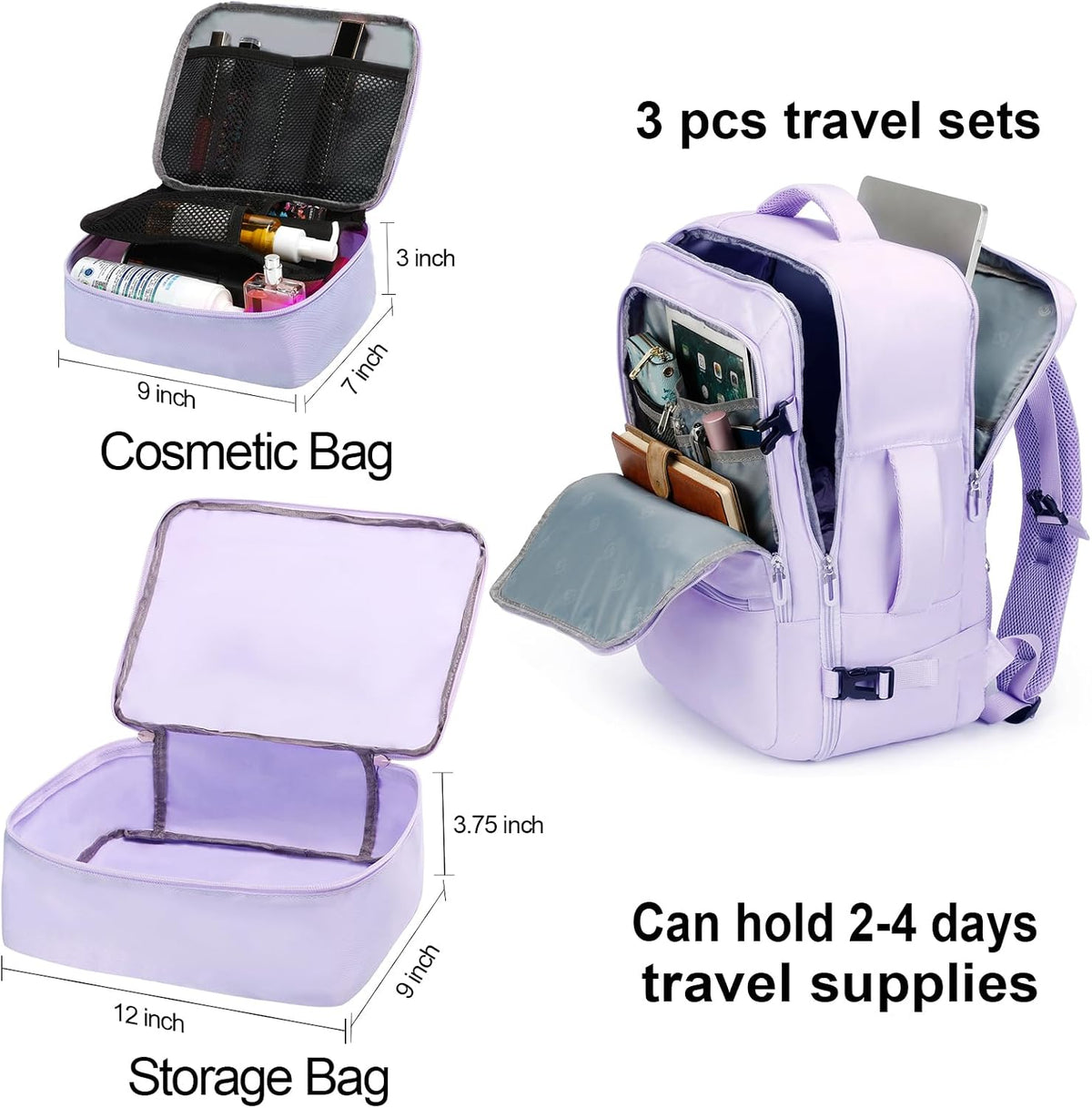 Travel Backpack for Women & Men,Airline Approved Carry On Luggage,TSA Overnight Bags,40L Personal Item Travel Bag fits 17" Laptop,Carry on Bag with Storage Bag Cosmetic Bag Set 3pcs (Black)
