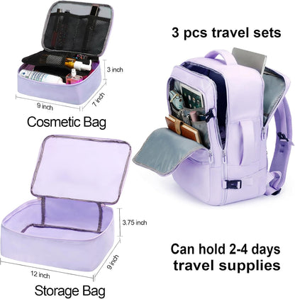 Travel Backpack for Women & Men,Airline Approved Carry On Luggage,TSA Overnight Bags,40L Personal Item Travel Bag fits 17" Laptop,Carry on Bag with Storage Bag Cosmetic Bag Set 3pcs (Black)