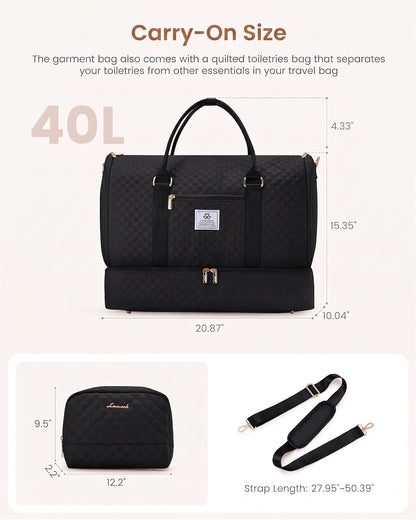Convertible Garment Bag for Travel with Shoe Compartment, Carry On Garment Duffel Bag with Toiletry Bag, 2 in 1 Hanging Suitcase Suit Bag, Weekender Bag for Women Travel, Wedding, Black
