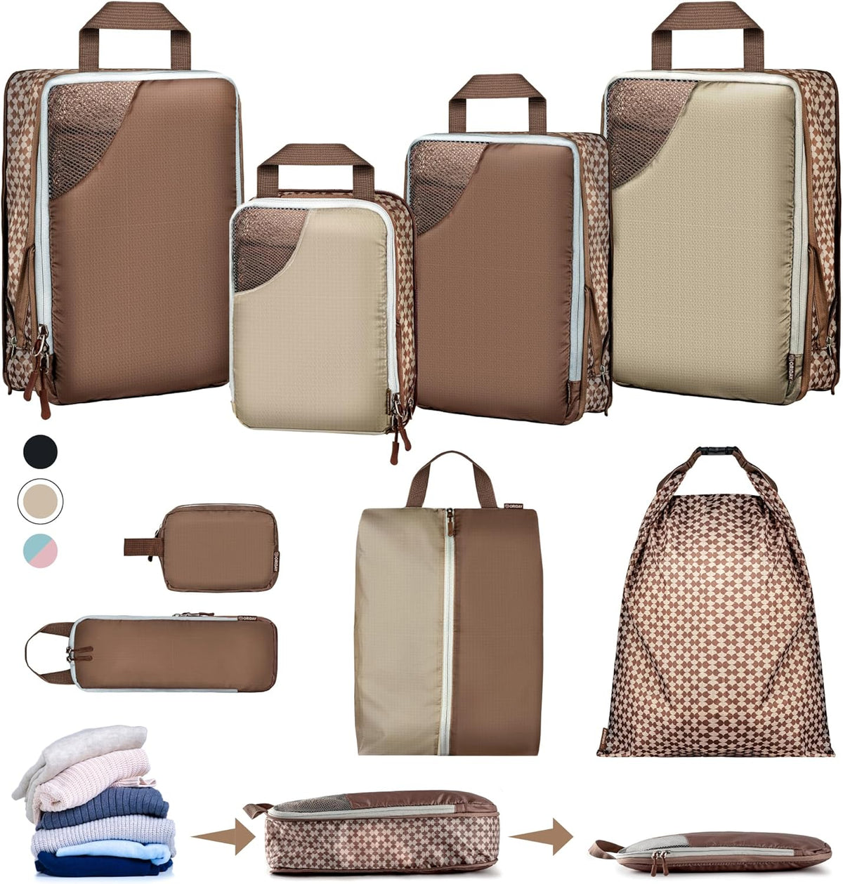 Set of 8 compression packing cubes for travel accessories- Expandable bags for clothing, toiletry, backpacks, organizing essentials (Holiday)