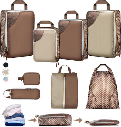 Set of 8 compression packing cubes for travel accessories- Expandable bags for clothing, toiletry, backpacks, organizing essentials (Holiday)
