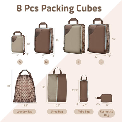 Set of 8 compression packing cubes for travel accessories- Expandable bags for clothing, toiletry, backpacks, organizing essentials (Holiday)