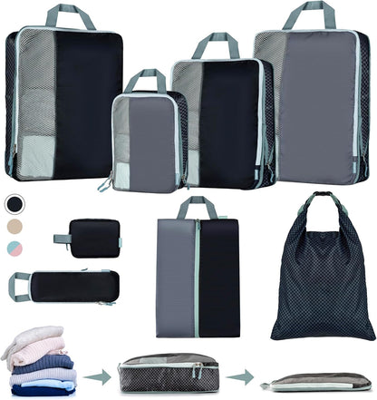 Set of 8 compression packing cubes for travel accessories- Expandable bags for clothing, toiletry, backpacks, organizing essentials (Holiday)
