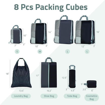 Set of 8 compression packing cubes for travel accessories- Expandable bags for clothing, toiletry, backpacks, organizing essentials (Holiday)