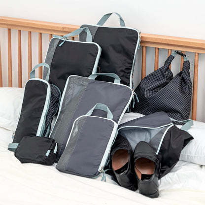 Set of 8 compression packing cubes for travel accessories- Expandable bags for clothing, toiletry, backpacks, organizing essentials (Holiday)