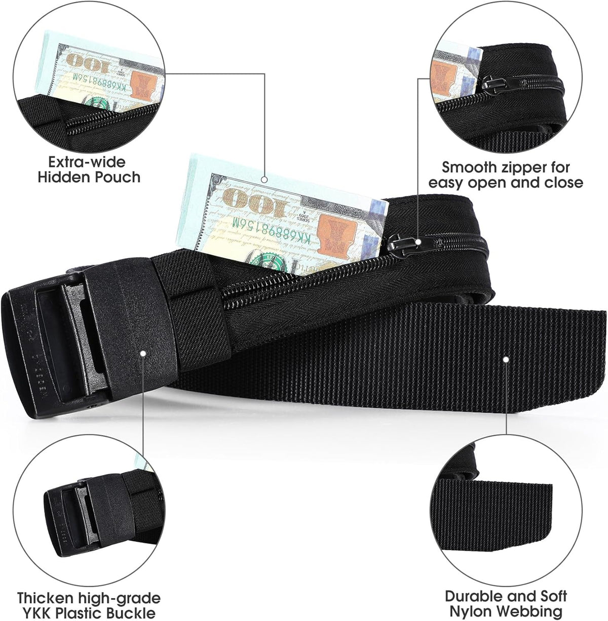 Travel Security Money Belt with Hidden Money Pocket - Cashsafe Anti-Theft Wallet Unisex Nickel free Nylon Belt