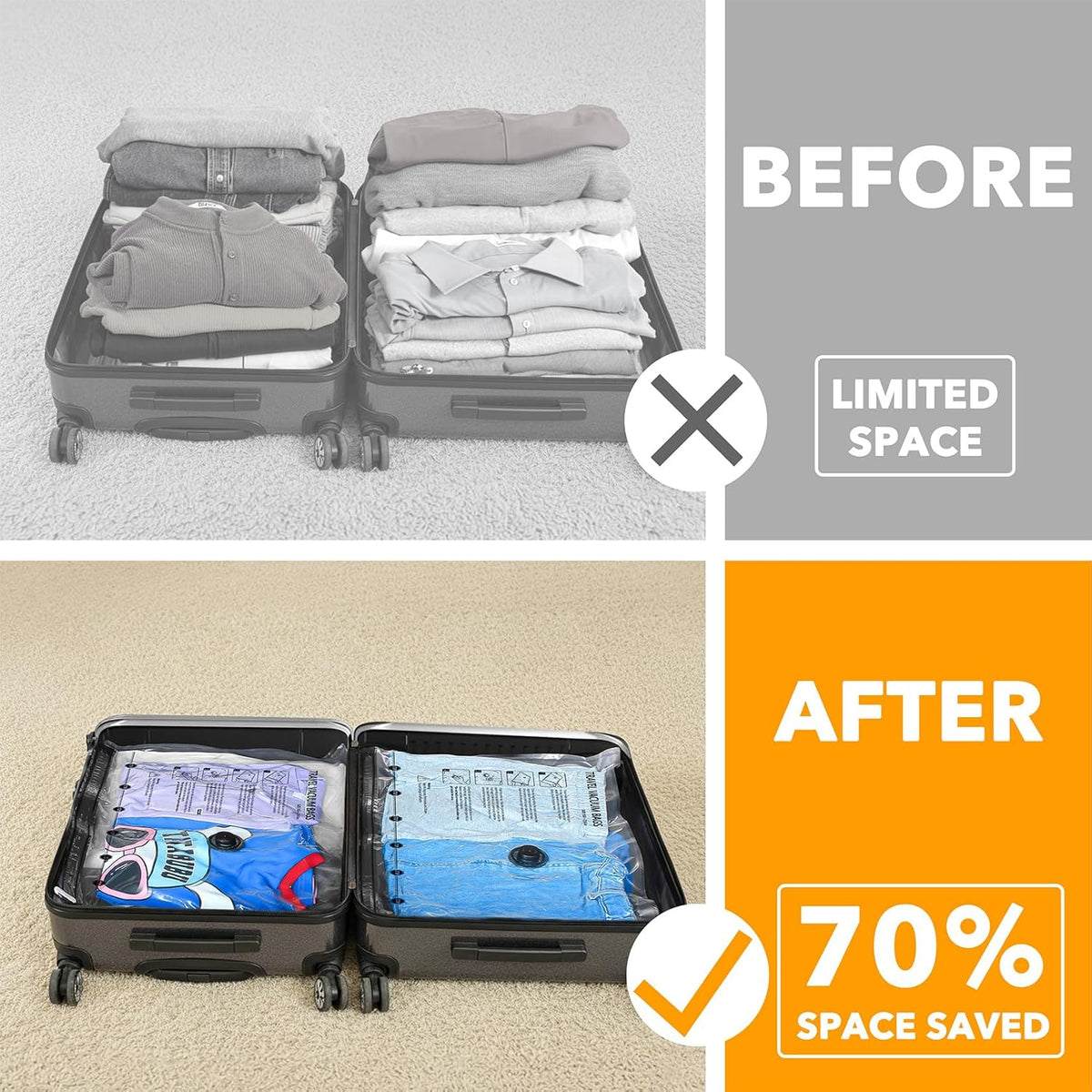 Travel Vacuum Bags for Luggage with Electric Pump, 24 Pack Vacuum Seal Bags for Clothing Travel, Space Saver Compression Bag for Backpack and Suitcase