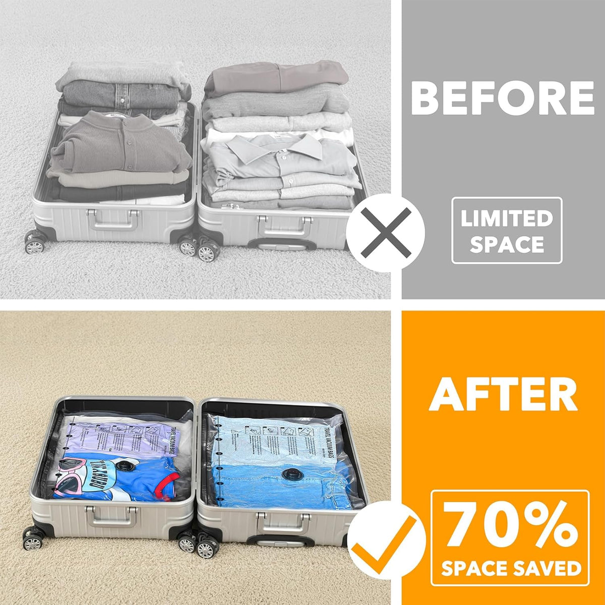 Travel Vacuum Bags for Luggage with Electric Pump, 24 Pack Vacuum Seal Bags for Clothing Travel, Space Saver Compression Bag for Backpack and Suitcase