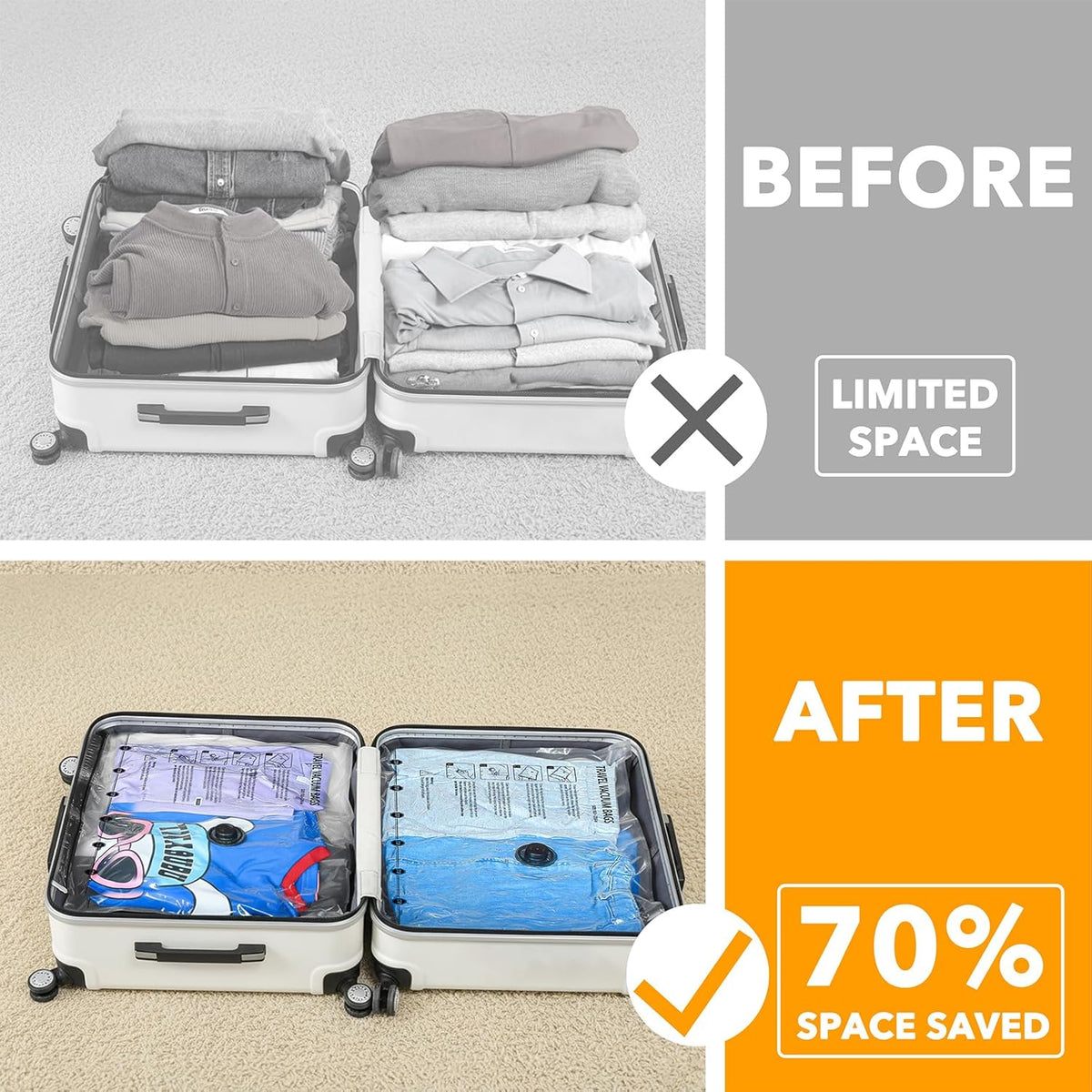 Travel Vacuum Bags for Luggage with Electric Pump, 24 Pack Vacuum Seal Bags for Clothing Travel, Space Saver Compression Bag for Backpack and Suitcase
