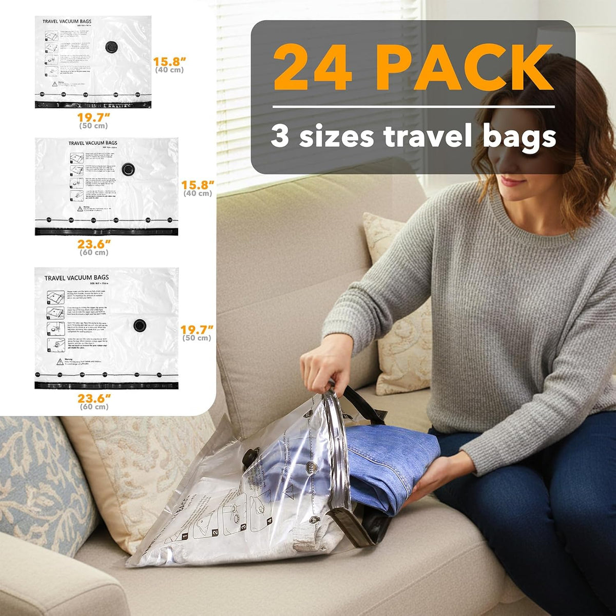 Travel Vacuum Bags for Luggage with Electric Pump, 24 Pack Vacuum Seal Bags for Clothing Travel, Space Saver Compression Bag for Backpack and Suitcase