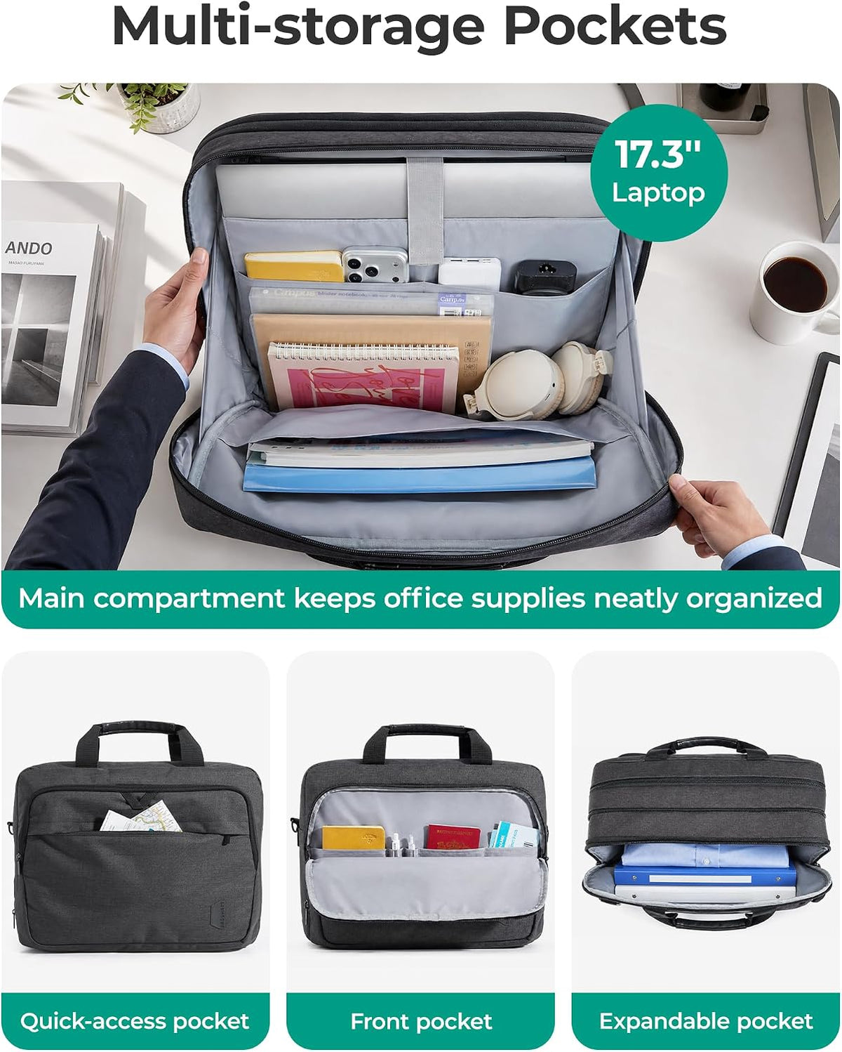 17.3 Inch Laptop Bag Expandable Computer Bag Briefcase, Black | Men Women Laptop Shoulder Bag,Work Bag Business Travel Office