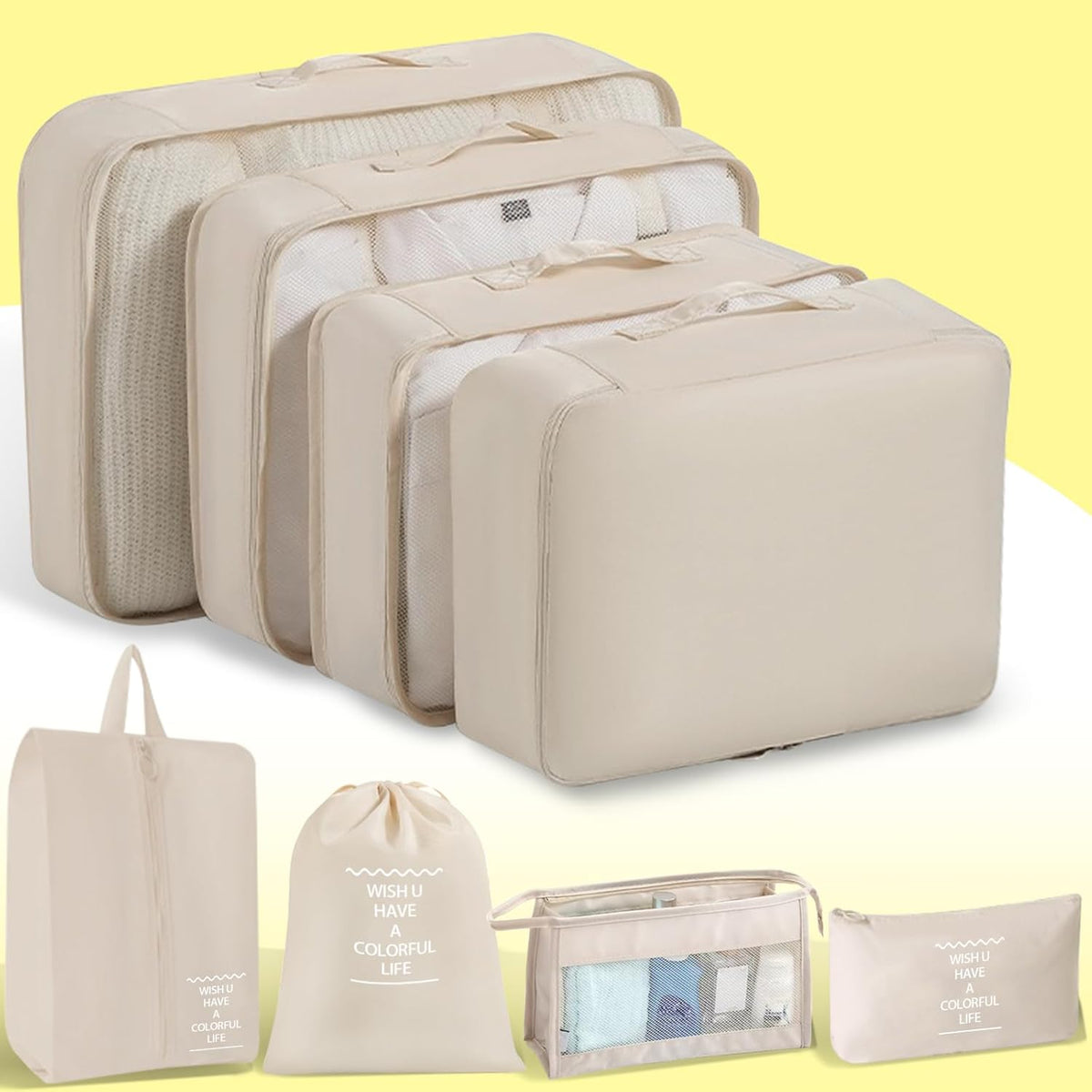 Packing Cubes 8 Set Travel Essentials for Carry on Luggage Organizers Bag Packing Cubes for Suitcases Travel Accessories (Beige)